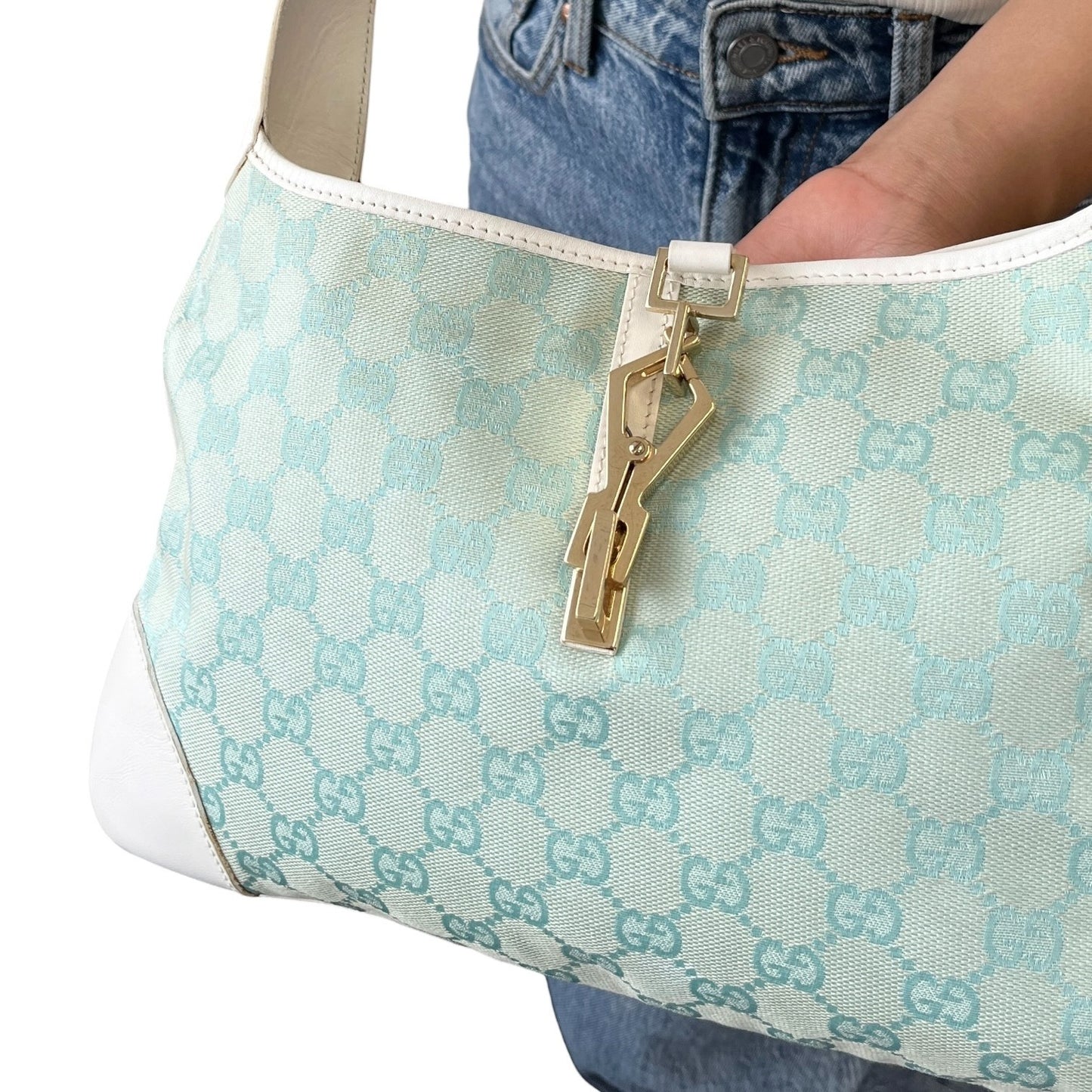 GUCCI Vintage Jackie GG Monogram Shoulder Bag Light Blue White Canvas 106547
