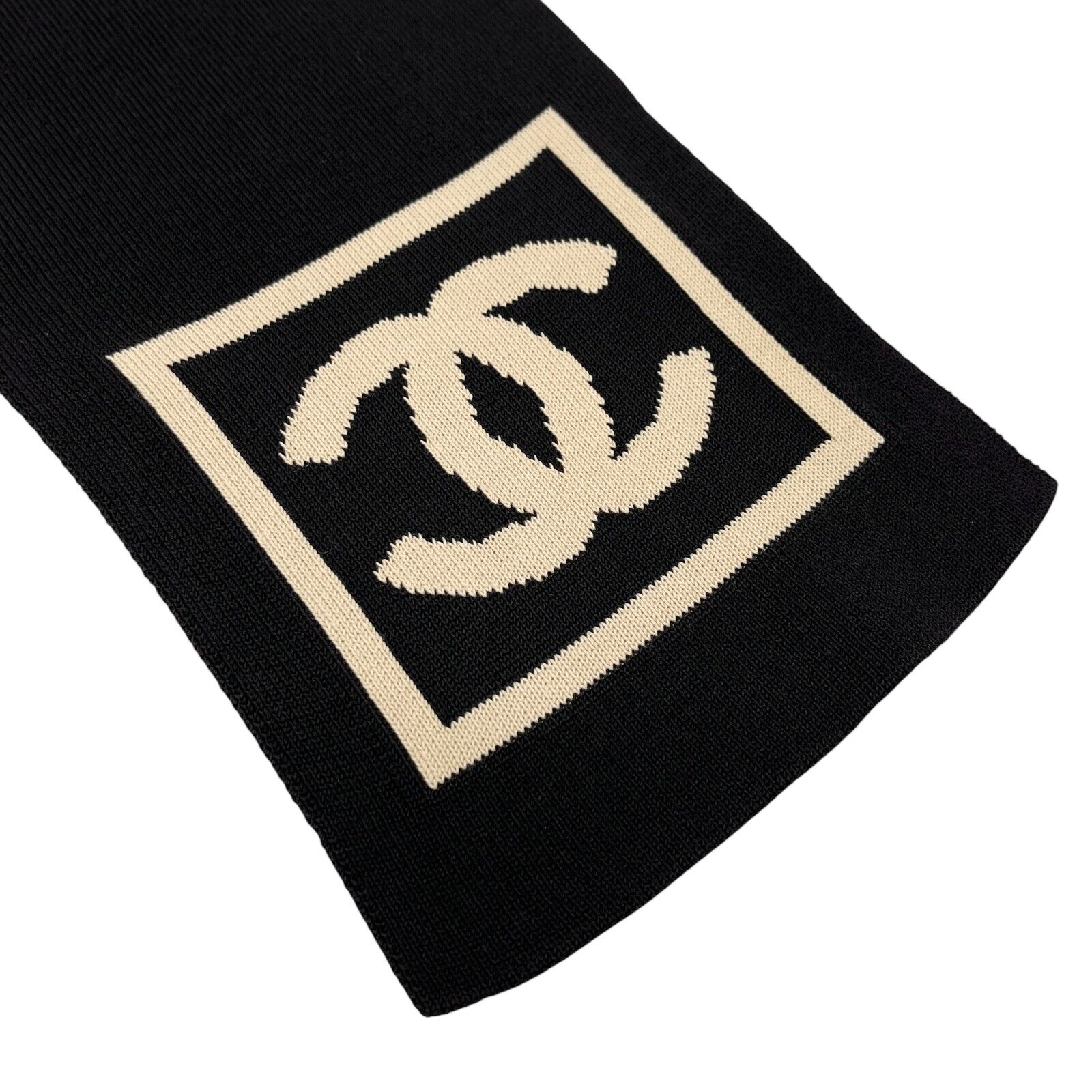 CHANEL Sport Vintage 03A CC Mark Logo Knit Scarf Shawl Black Beige Cotton