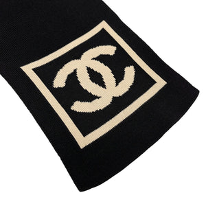 CHANEL Sport Vintage 03A CC Mark Logo Knit Scarf Shawl Black Beige Cotton