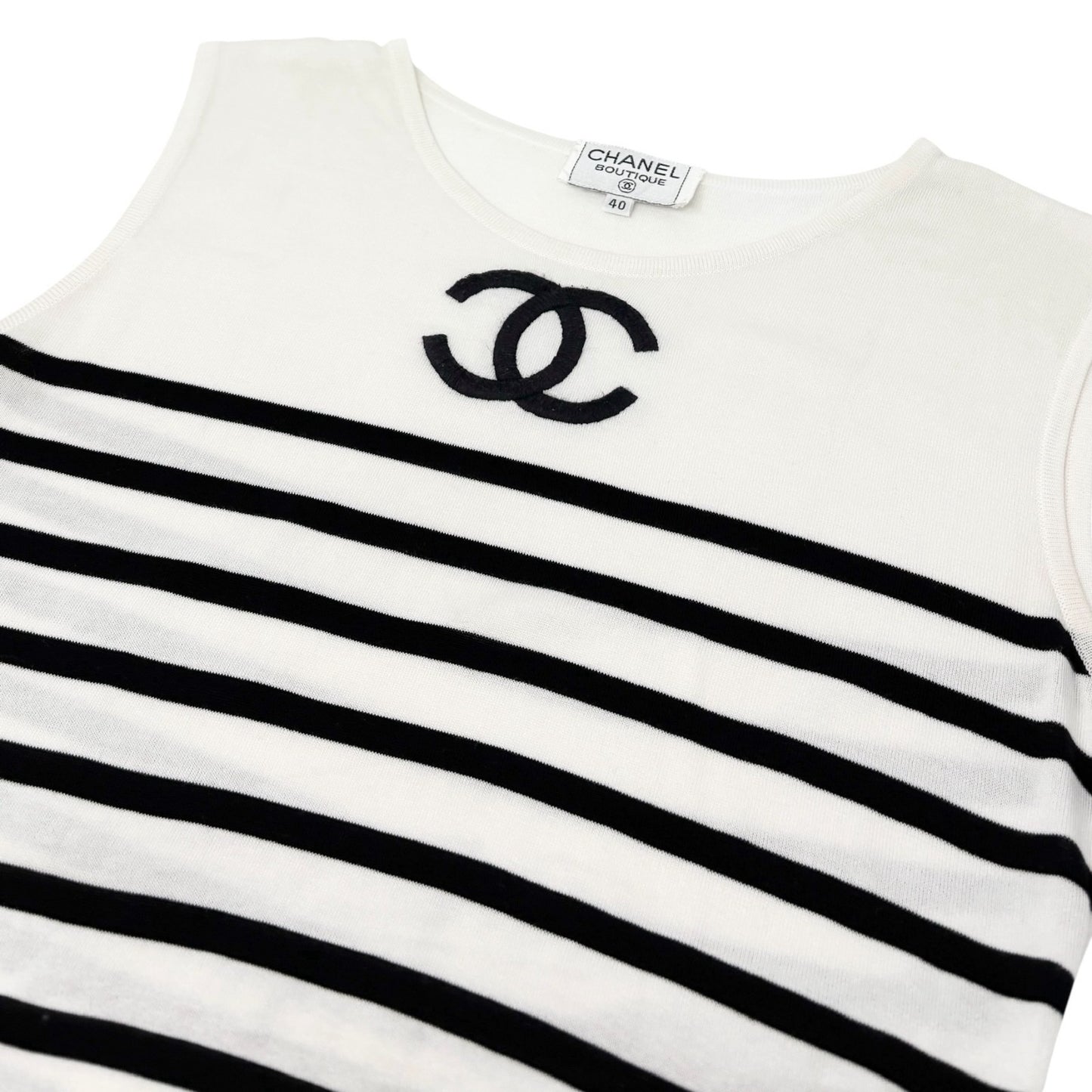 CHANEL Vintage 1994 CC Logo Striped Sleeveless Top #40 Tank White Black Cotton