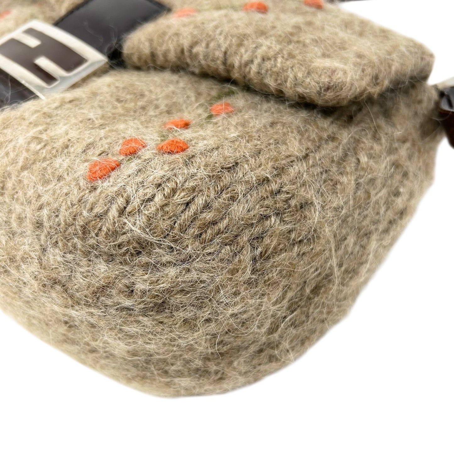 FENDI Vintage FF Knit Mamma Baguette Flower Wool Shoulder Bag Beige Brown