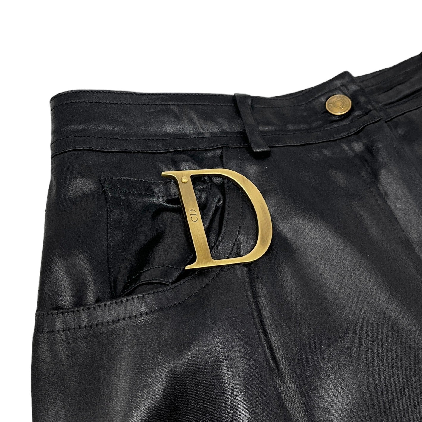 Christian Dior Vintage D Buckle Satin Skirt #40 Zip Black Gold Rank AB+