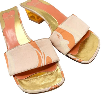 FENDI Vintage FF Logo Psychedelic Print Silk Sandals Heels #36.5 Orange 902028
