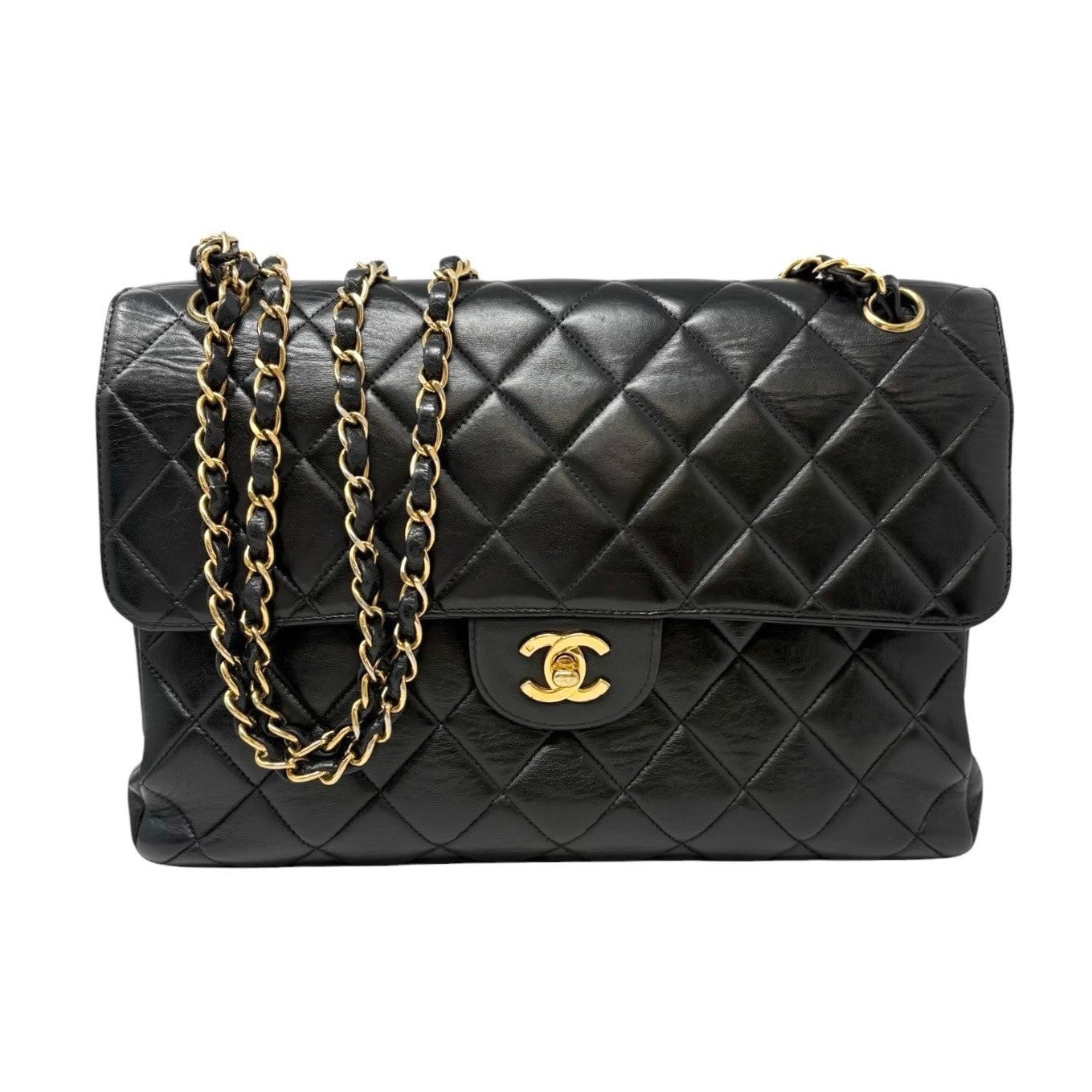 CHANEL Vintage CC Logo Quilted Double Flap Shoulder Bag Black Leather 902285