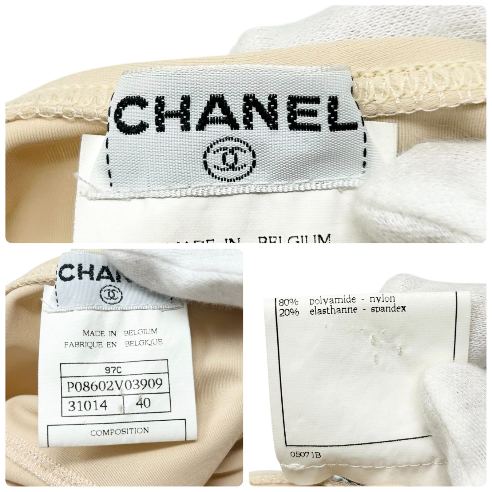 CHANEL Vintage 97C CC Logo Swimsuit Swimwear One-piece Button #40 Beige Nylon