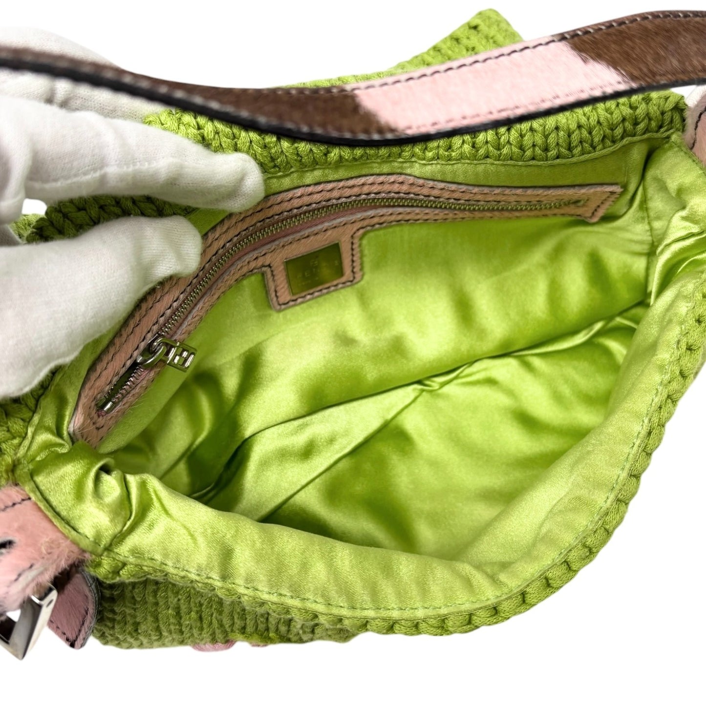 FENDI Vintage FF Mamma Baguette Crochet Shoulder Bag Flower Green Pink Wool