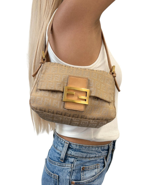 FENDI Vintage FF Logo Zucchino Mamma Baguette Shoulder Bag Beige Gold