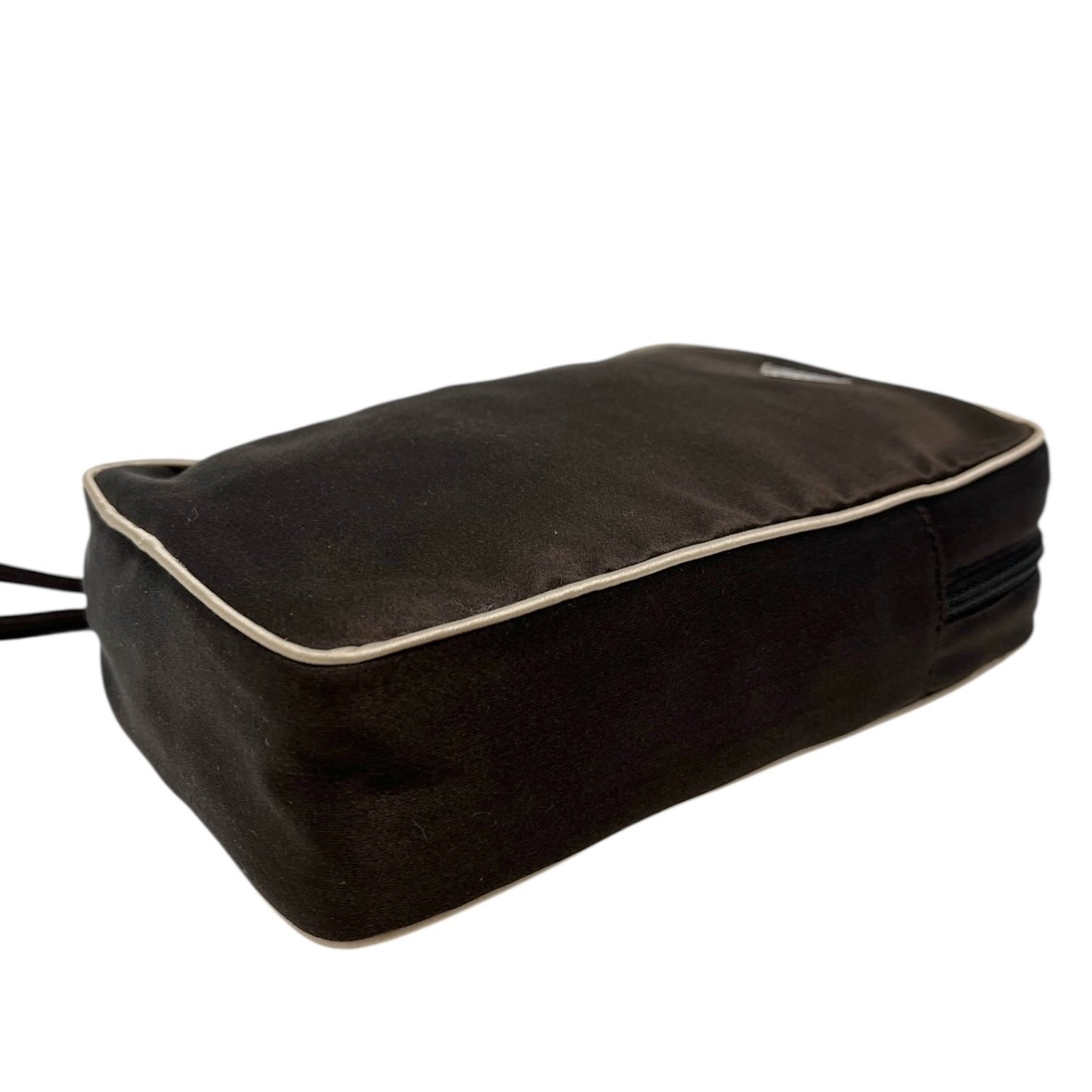 PRADA Vintage Triangle Logo Satin Wristlet Clutch Bag Brown Beige Pouch