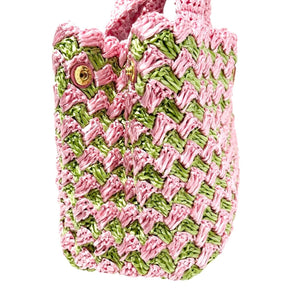 PRADA Vintage Logo Raffia Mini Tote Bag Pink Green Polyethylene Snap Button