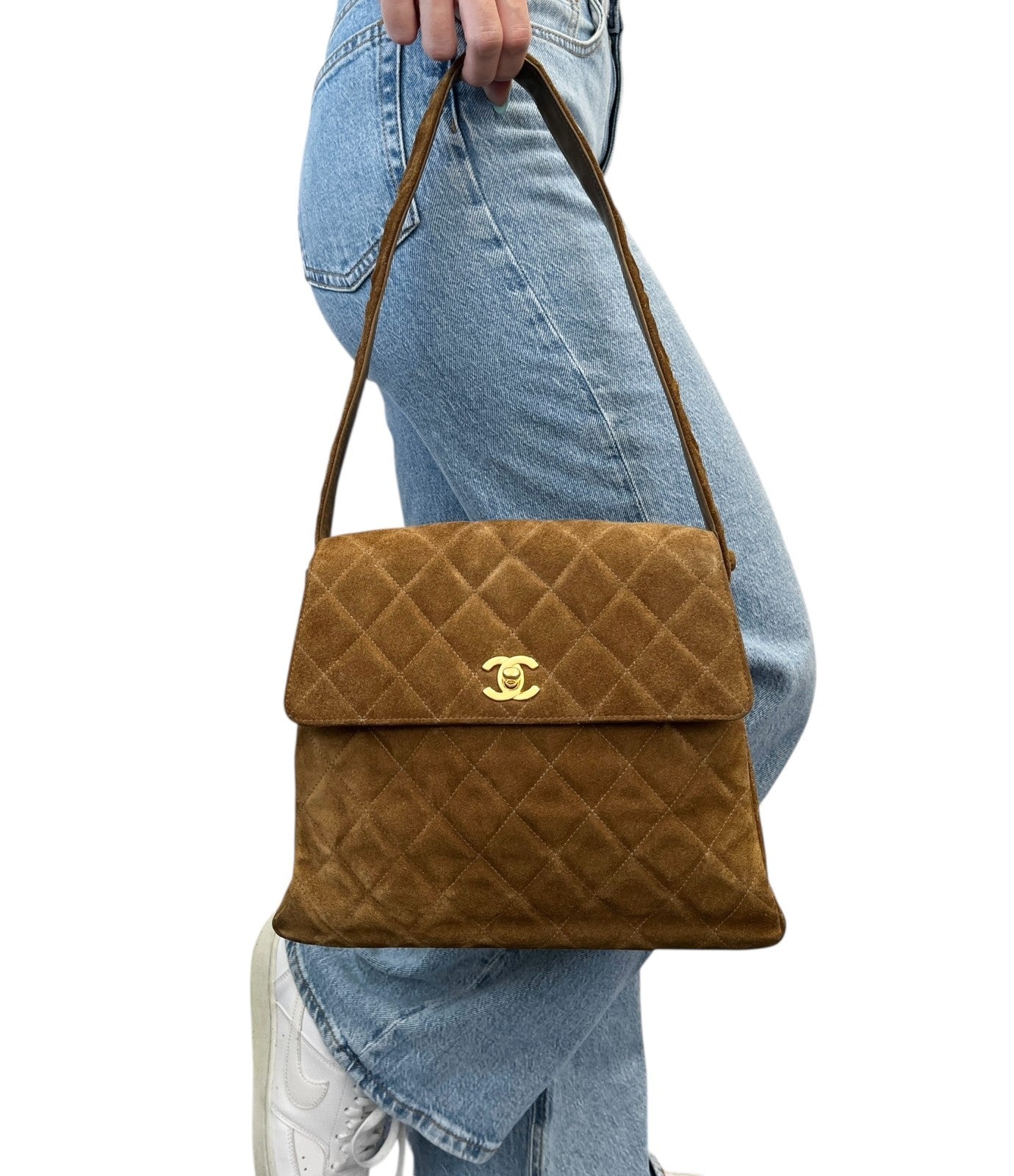 CHANEL Vintage CC Logo Turnlock Quilted Suede Flap Shoulder Bag Brown