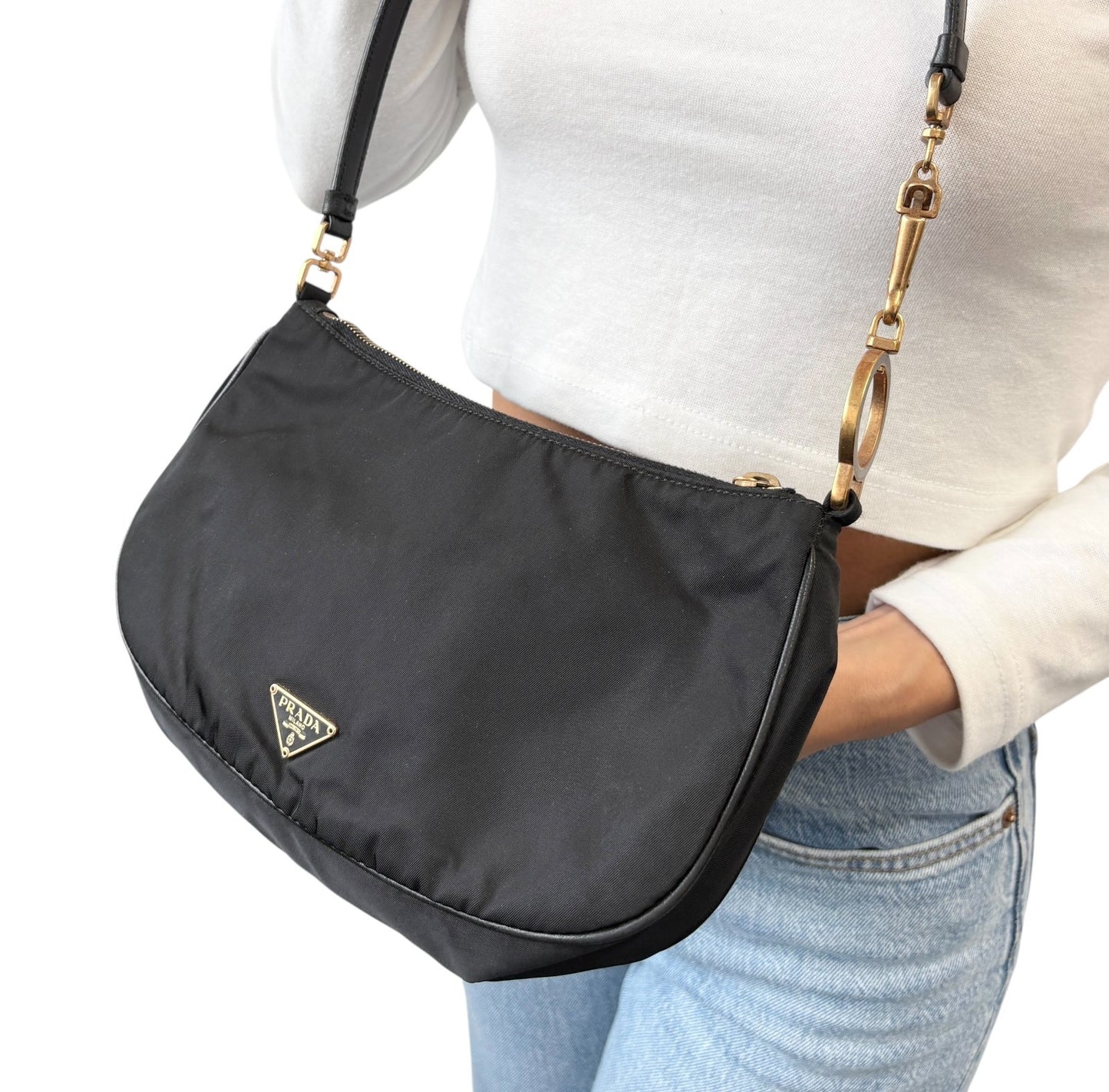 PRADA Vintage Mini Shoulder Nylon Bag Handbag Pochette Black Gold Logo