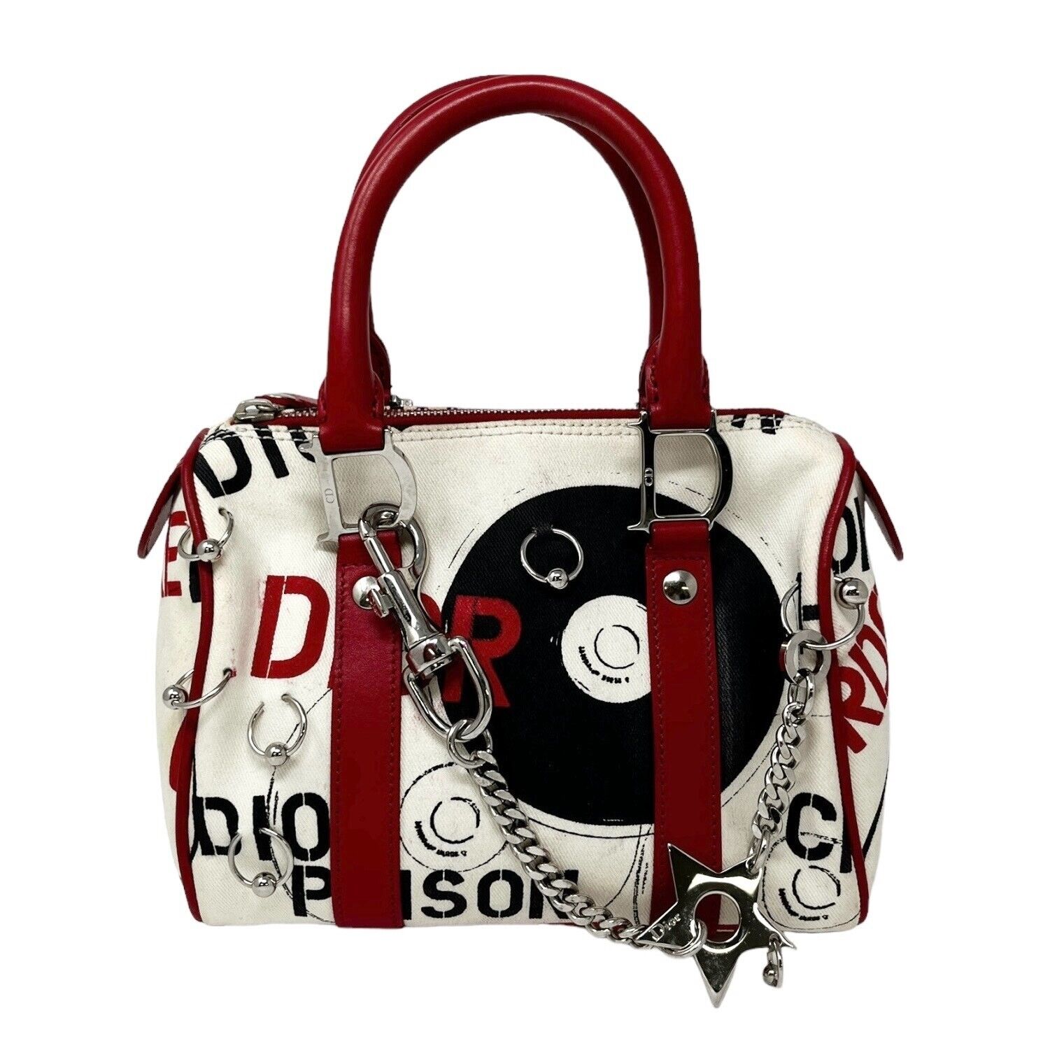 Christian Dior Vintage Logo Hard Core Mini Bowler Bag Red Cream Cotton Rank AB