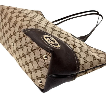 GUCCI Vintage GG Monogram Tote Shoulder Bag Brown Beige Canvas Leather 902829