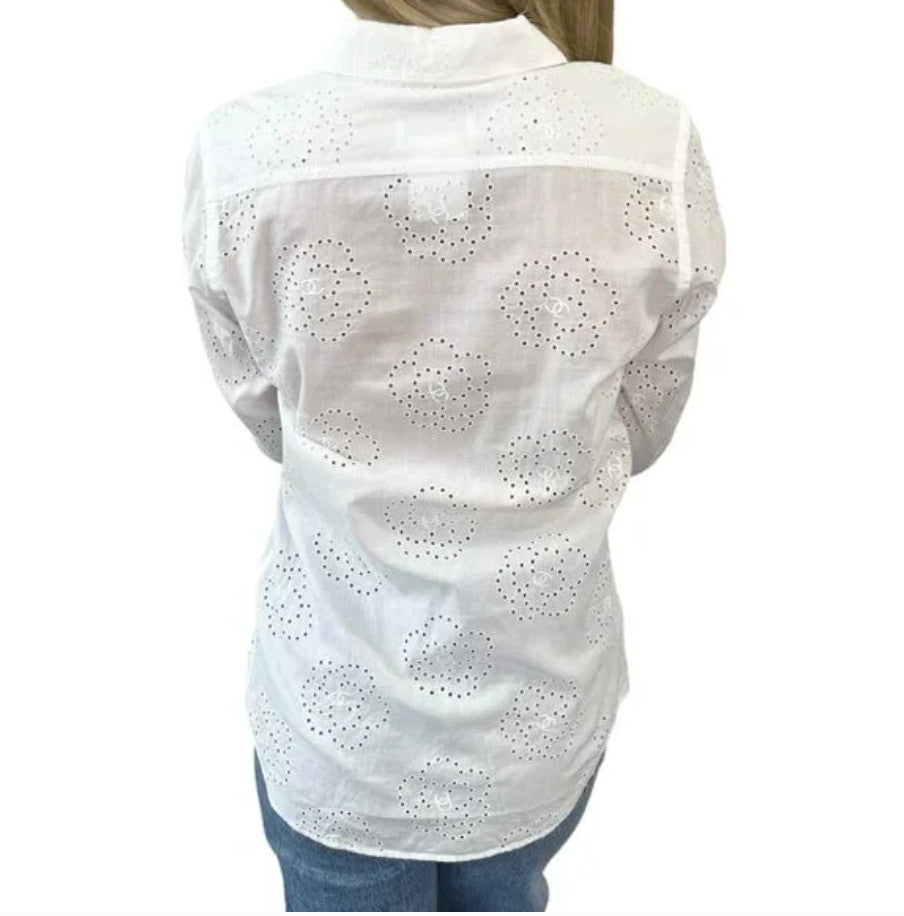 CHANEL Vintage 08P CC Logo Mark Camellia Blouse Shirt #36 Top White Cotton