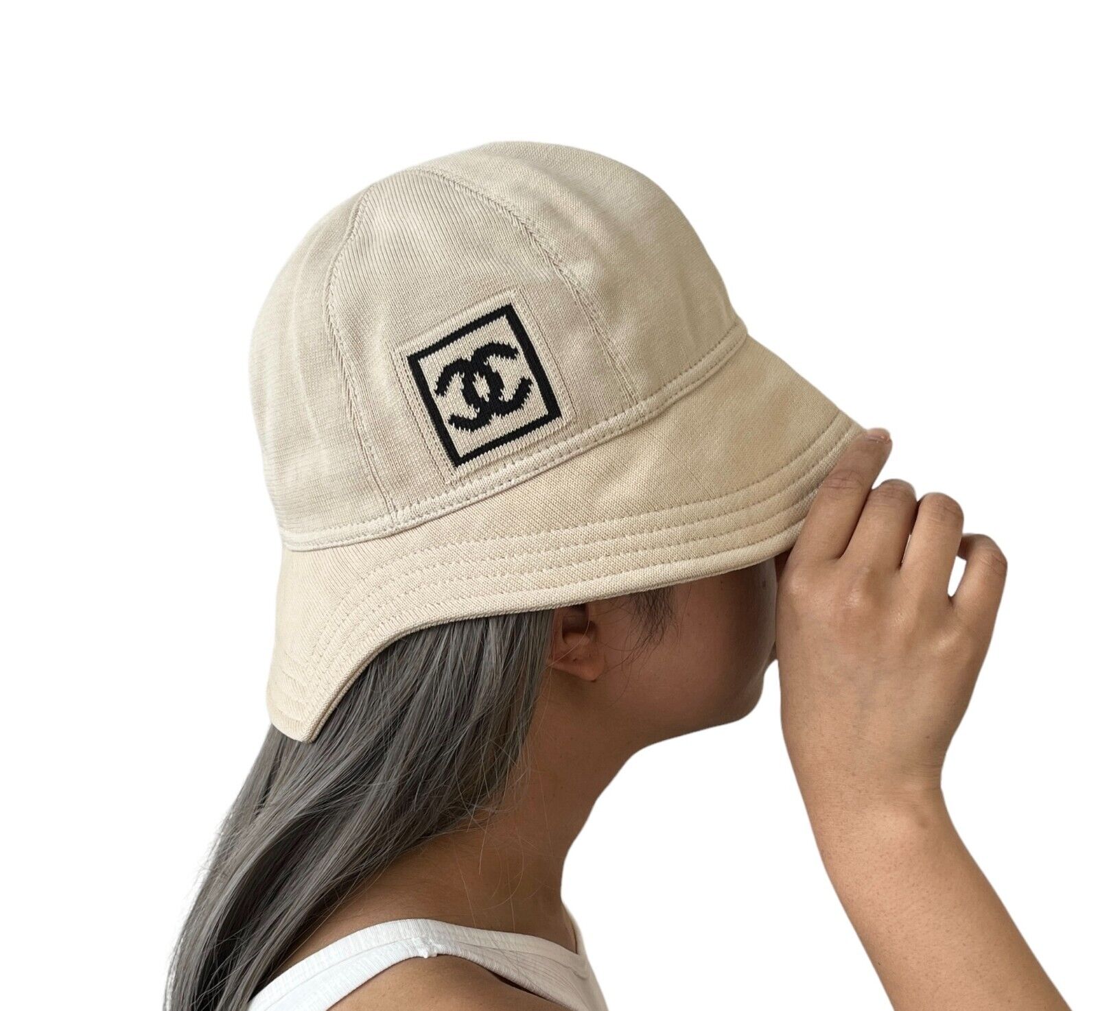 CHANEL Sport Vintage 03A CC Logo Bucket Hat #M Beige Black Cotton Rank AB