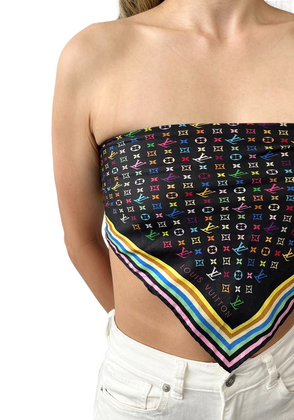LOUIS VUITTON Vintage LV Logo Monogram Multicolor Scarf Wrap Top Black Silk