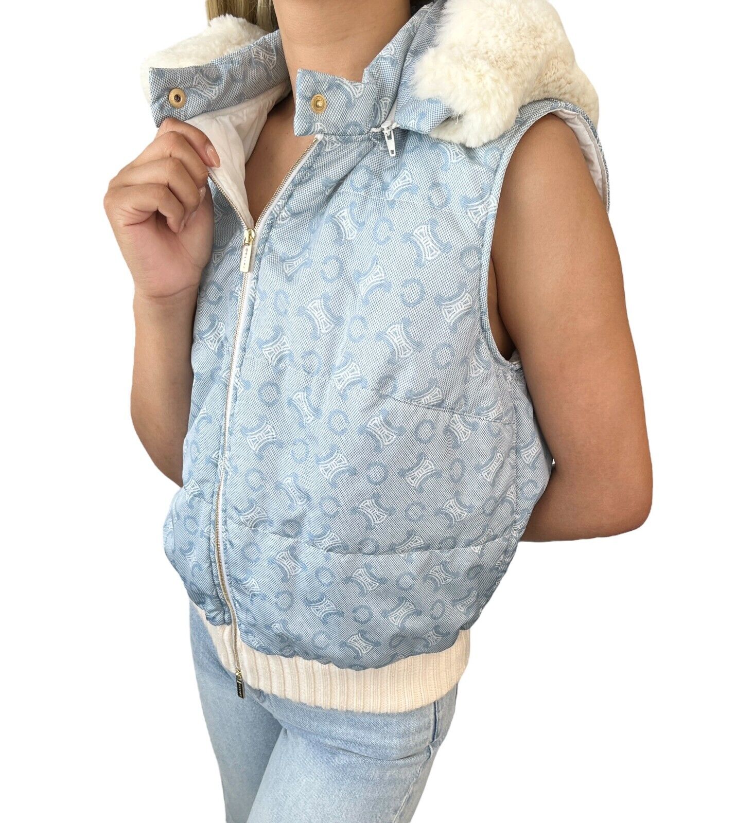 CELINE Vintage Macadam Monogram Logo Puffer Vest Jacket #40 Light Blue Rank AB+