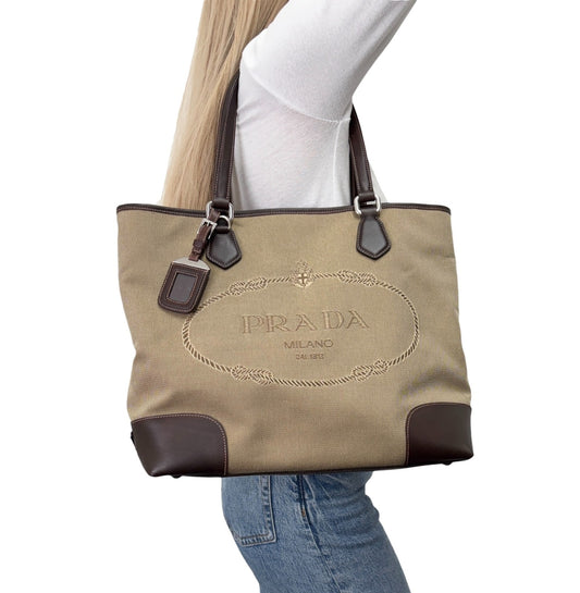 PRADA Vintage Jacquard Logo Tote Bag Brown Silver Canvas Leather 902340