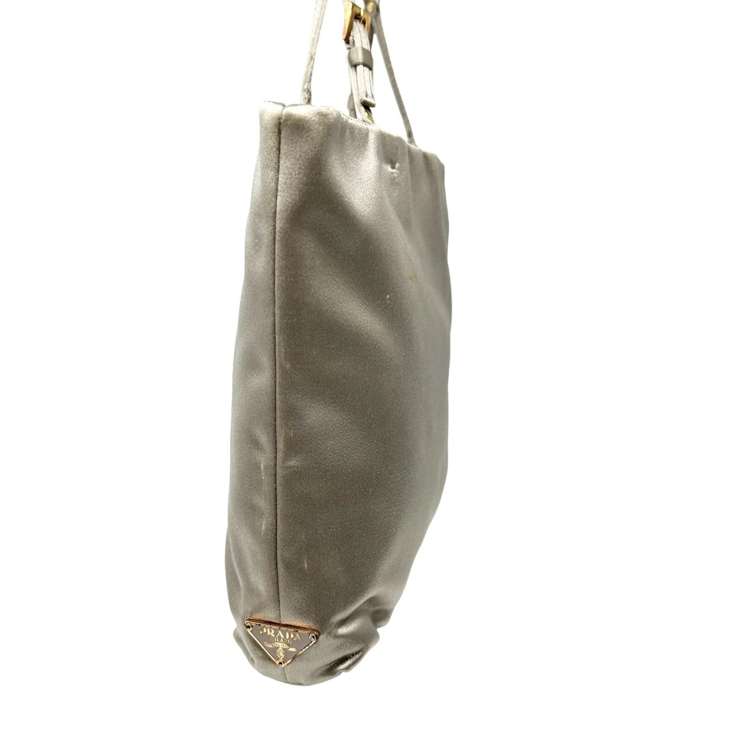 PRADA Vintage Logo Mini Bag Pouch Pochette Silver Gold Satin Rank AB