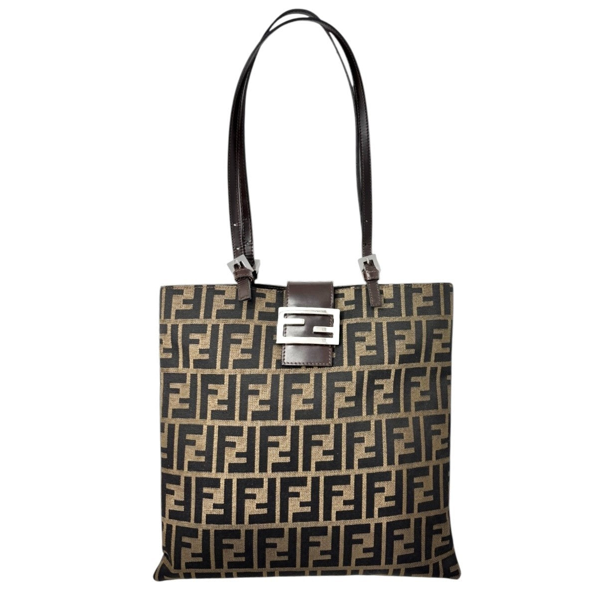 FENDI Vintage Zucca Logo Monogram Canvas Tote Shoulder Bag Leather Brown Silver