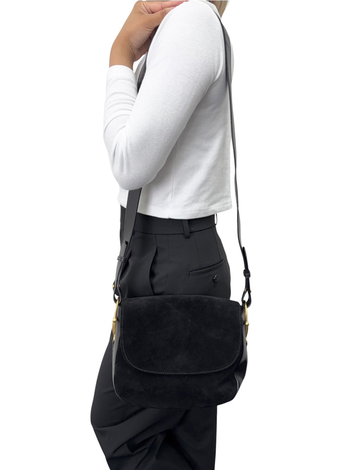 GUCCI Vintage Horsebit Crossbody Shoulder Bag Black Gold Suede Leather 902330