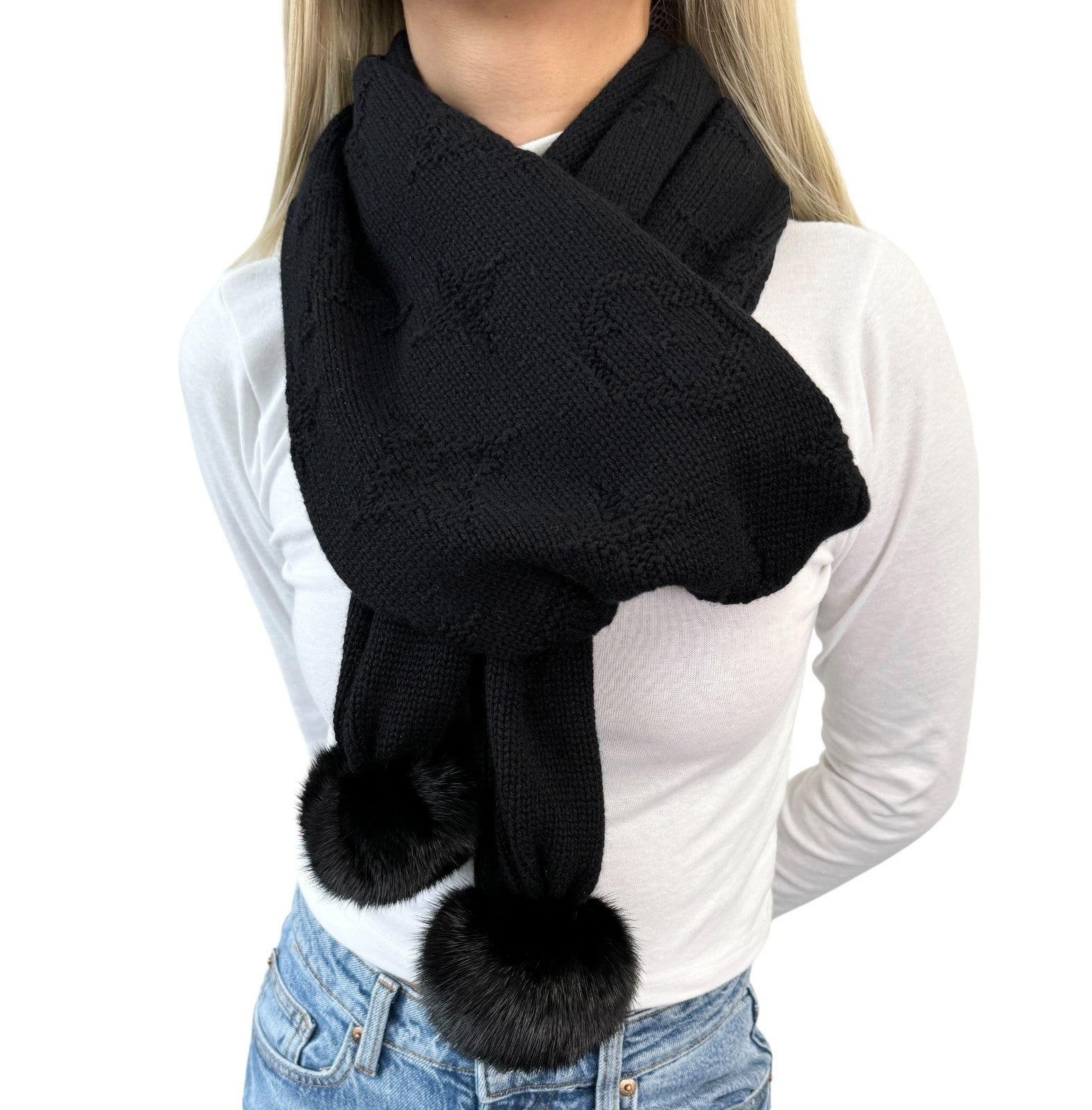 LOUIS VUITTON Vintage LV Monogram Logo Knit Scarf Shawl Wrap Fur Black Cashmere