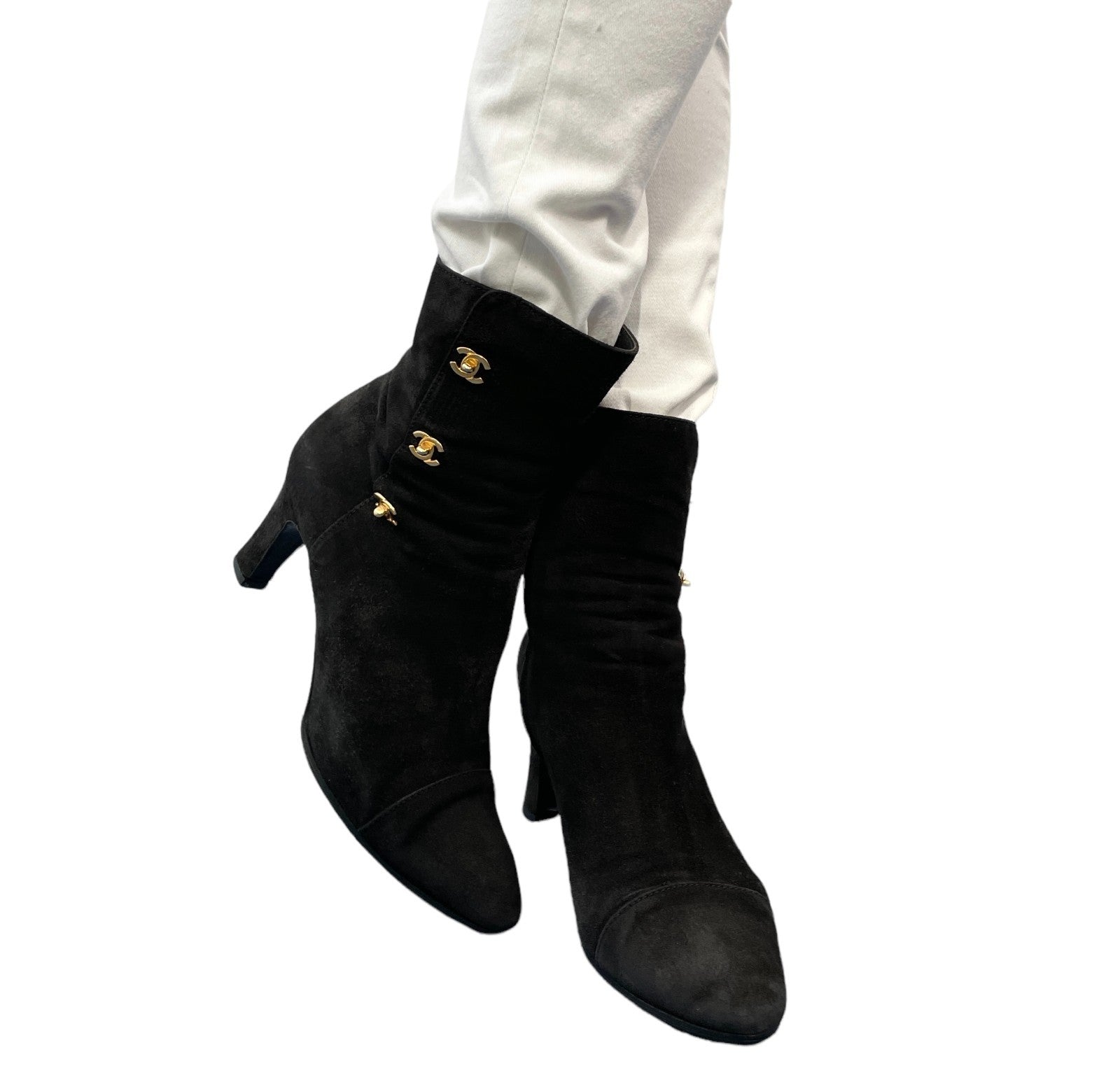 CHANEL Vintage CC Logo Turnlock Ankle Boots Heels #36.5 Black Suede Leather