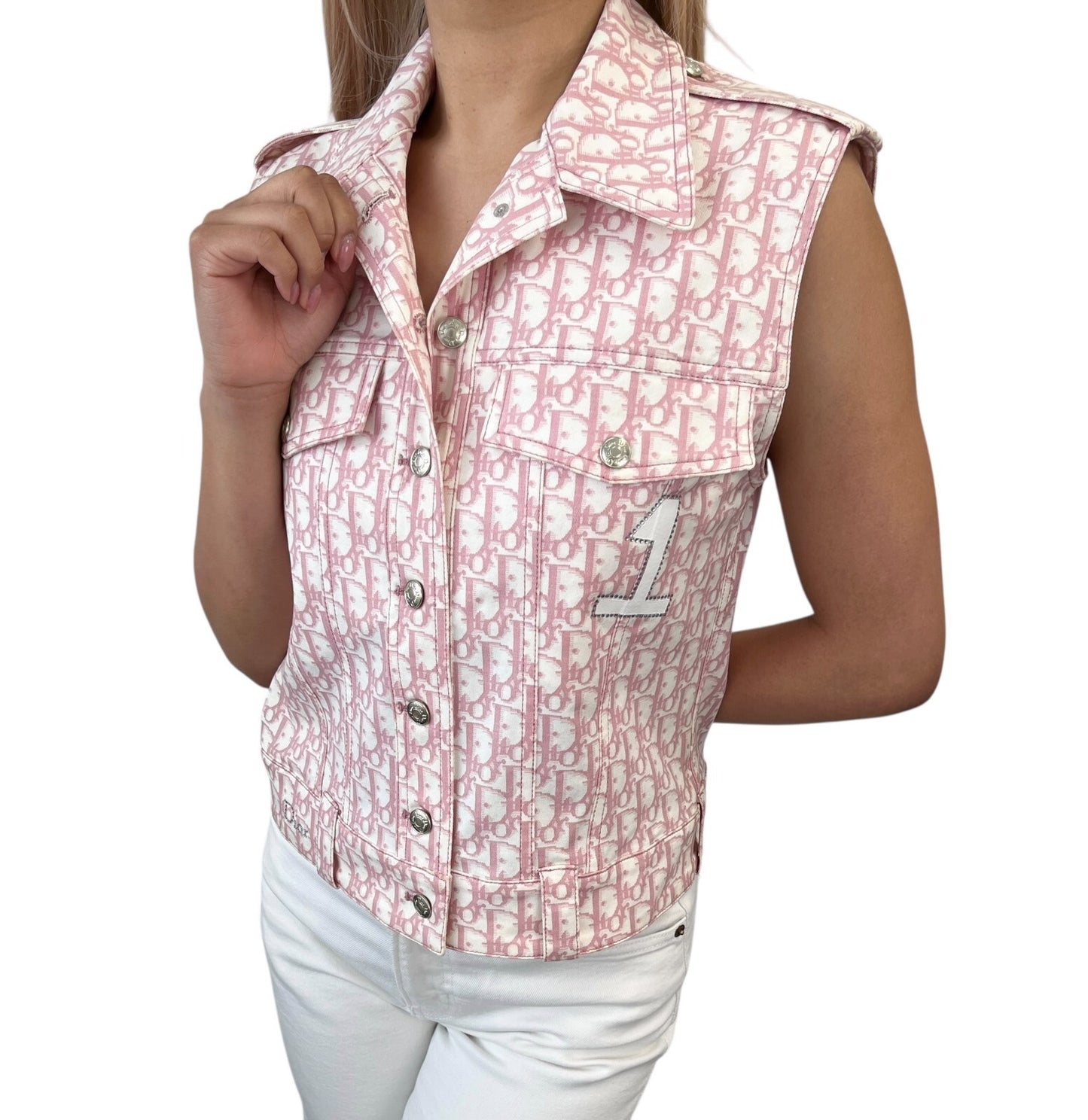 Christian Dior Vintage 2004 Trotter Monogram Vest Jacket #38 Pink White Cotton