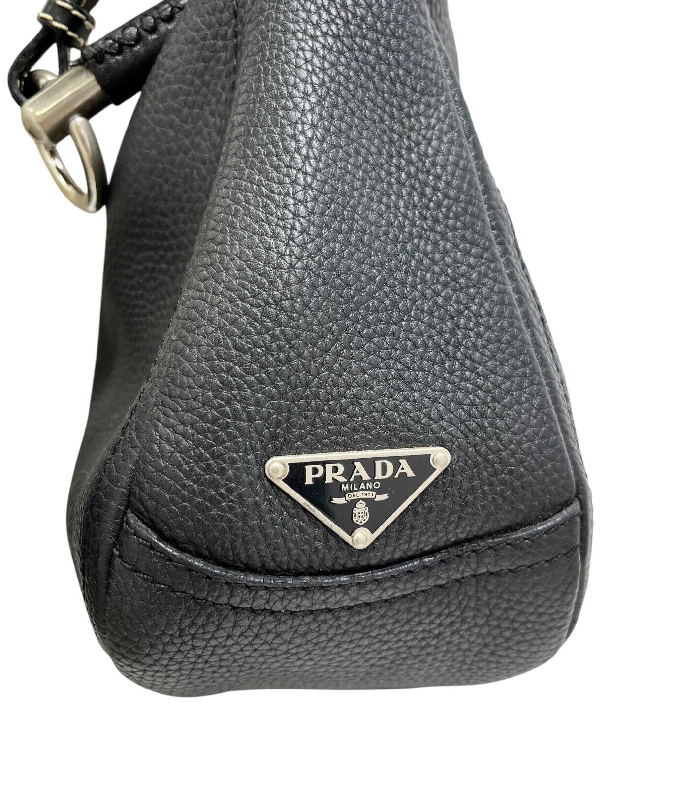 PRADA Vintage Logo Shoulder Bag Handbag Zip Stitch Black Silver Leather