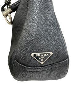 PRADA Vintage Logo Shoulder Bag Handbag Zip Stitch Black Silver Leather