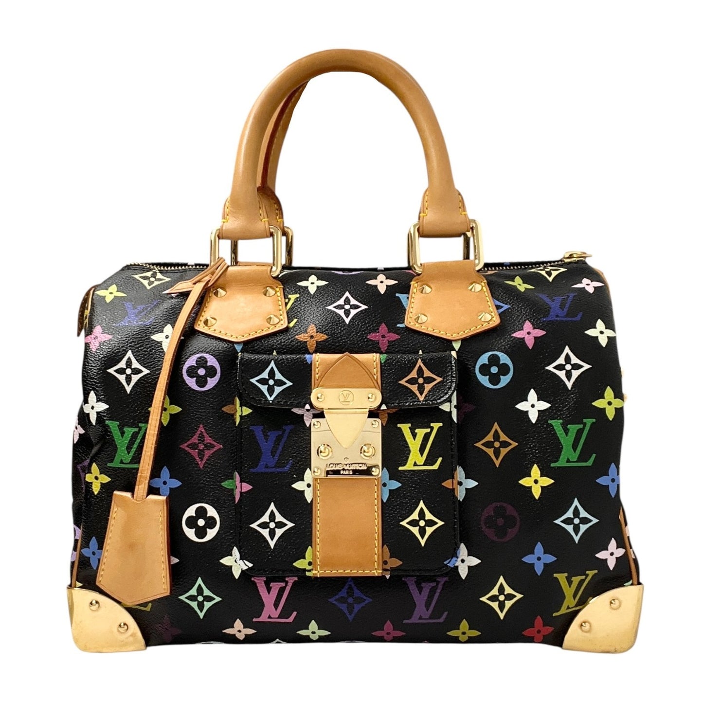 LOUIS VUITTON Vintage Monogram Multicolor Speedy 30 Handbag Black Camel Leather