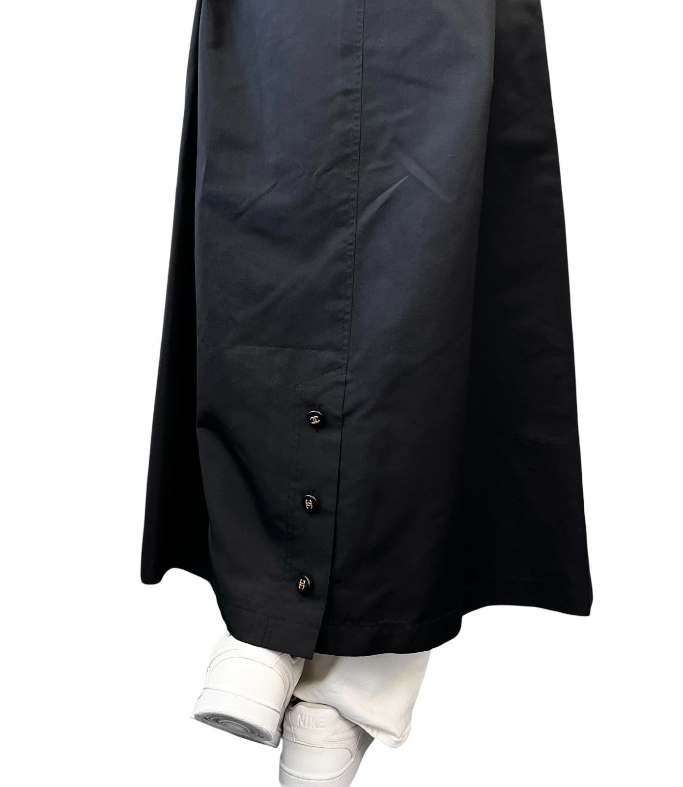 CHANEL Vintage CC Mark Logo Trench Coat Button Pocket Black Gold Silk