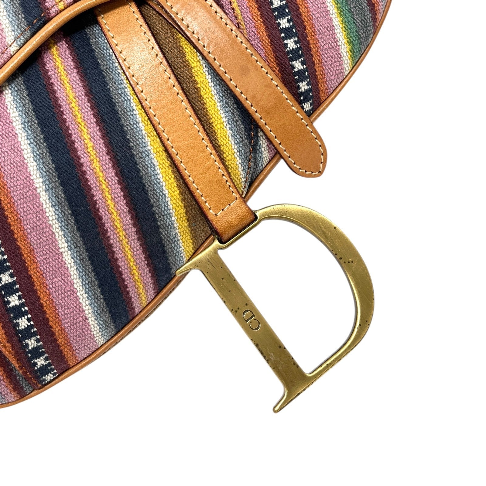 Christian Dior Vintage 2002 Logo Stripe Saddle Shoulder Bag Multicolor Camel