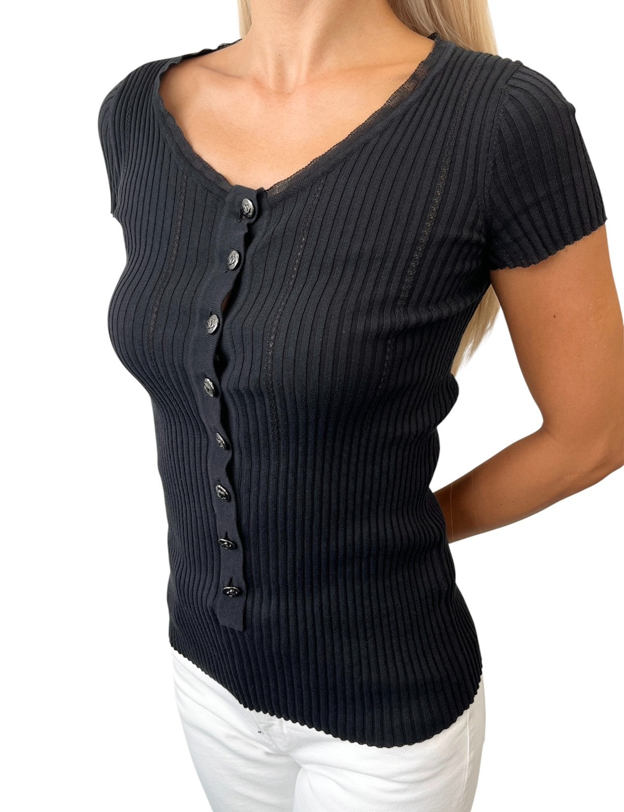 CHANEL Vintage 08P CC Logo Rib Knit Top #34 Black Cotton Silver Short Sleeve