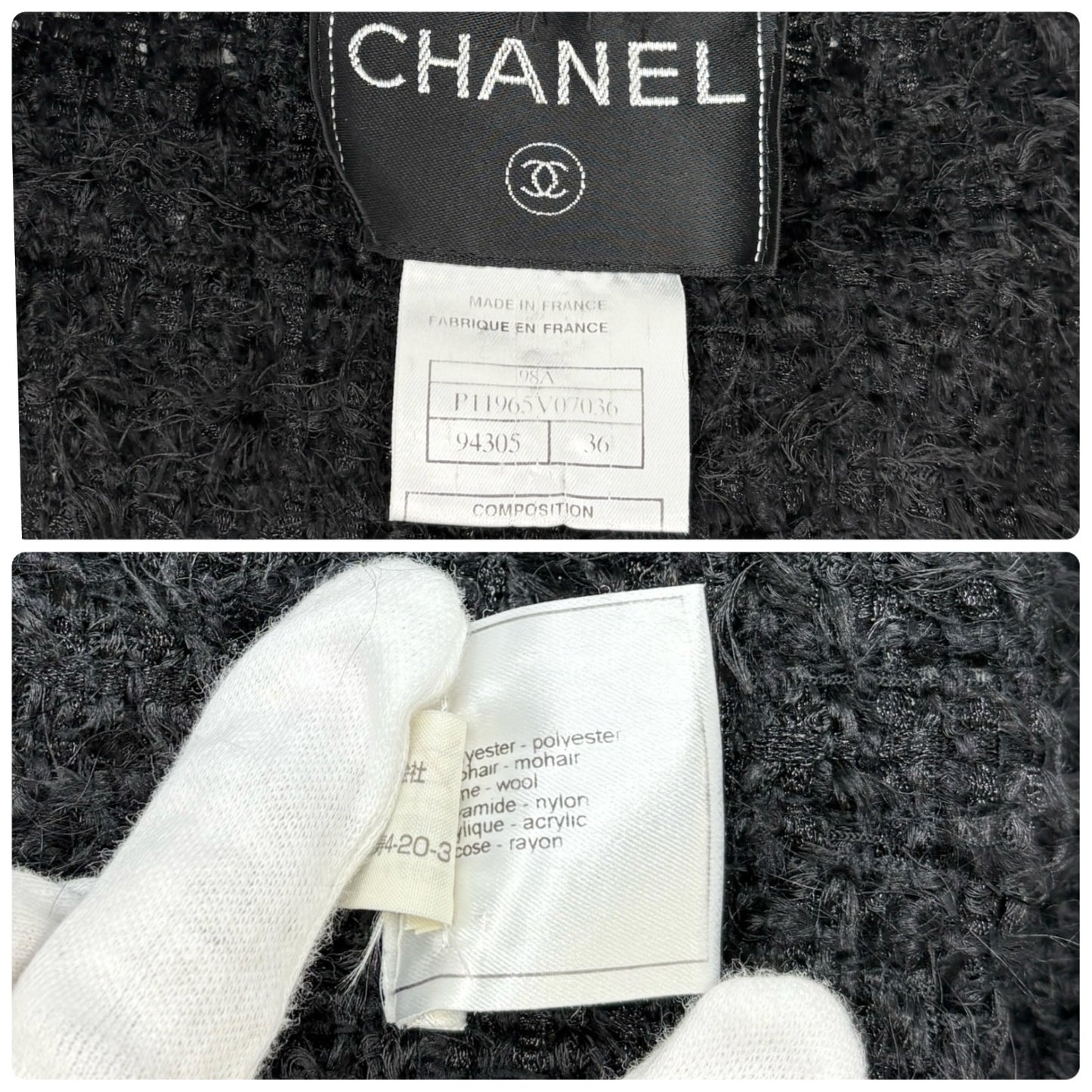CHANEL Vintage 98A Tweed Jacket Top CC Logo Button #36 Black White Polyester