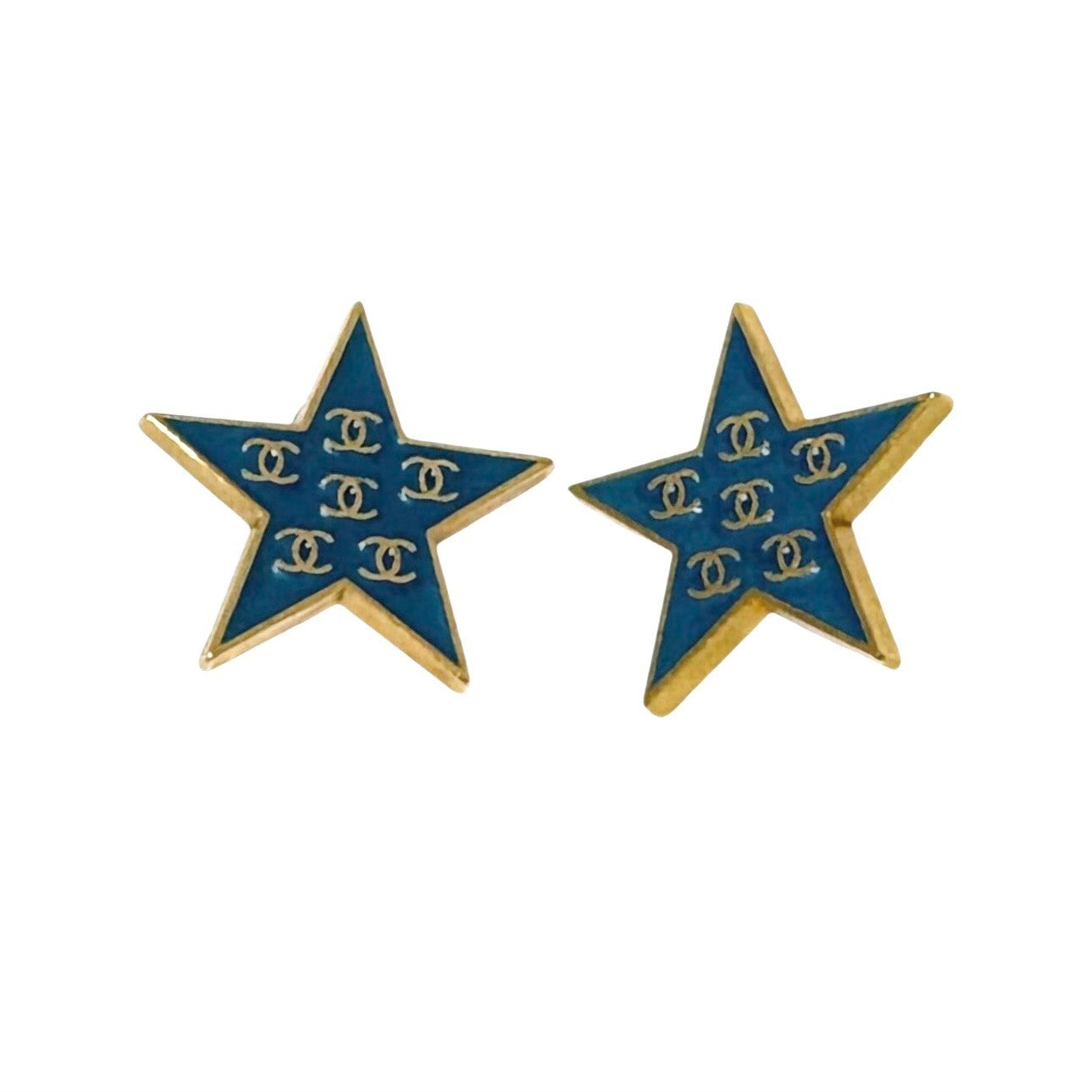 CHANEL Vintage 01P CC Logo Star Design Earrings Accessory Blue Gold Metal