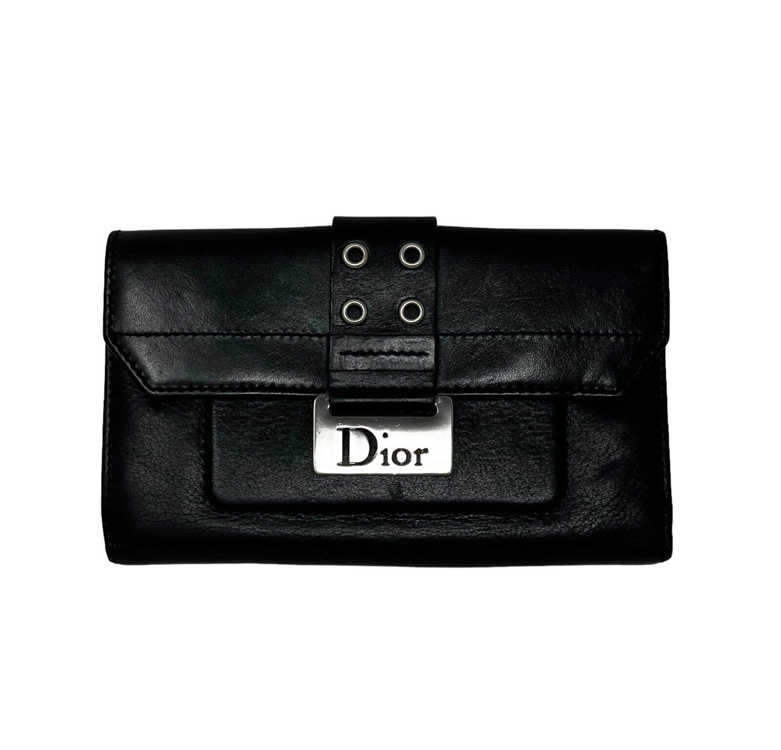 Christian Dior Vintage Logo Street Chic Wallet Purse Black Leather RankAB