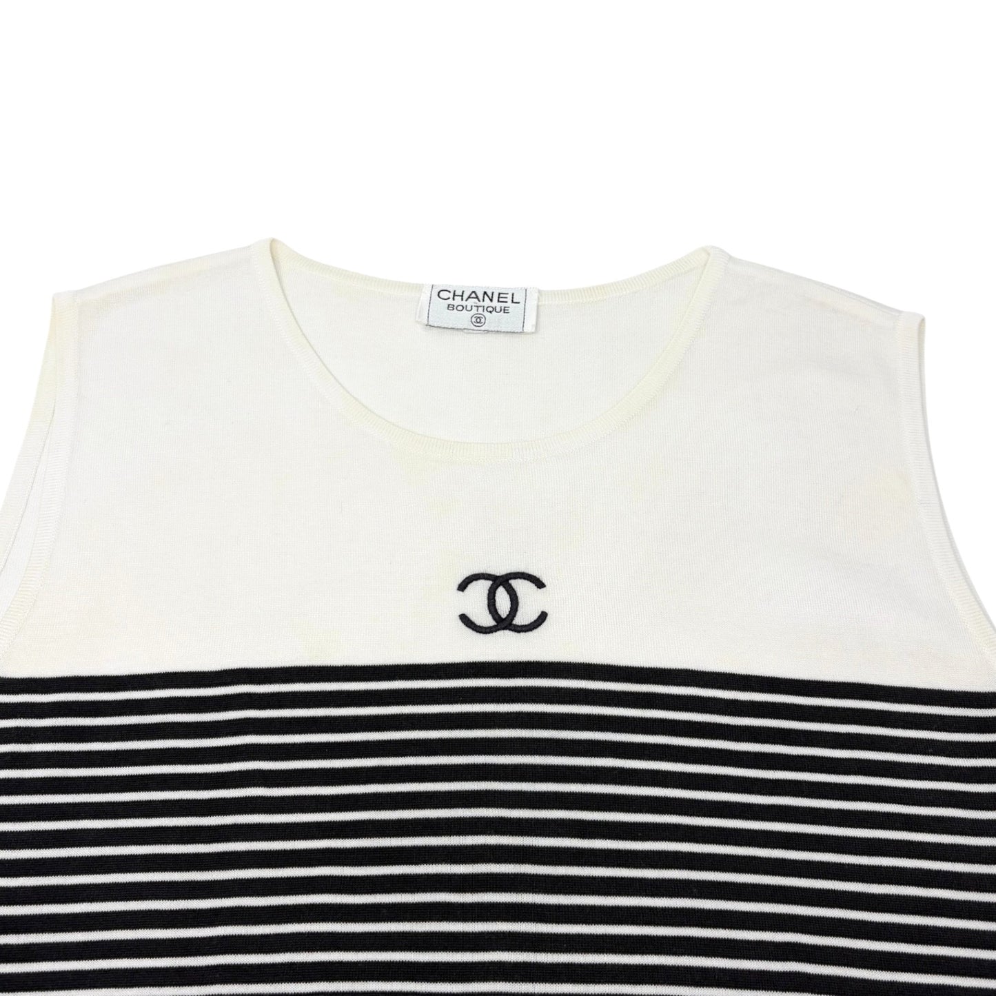 CHANEL Vintage CC Striped Sleeveless Tank Top #M White Black Cotton 902263