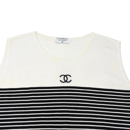 CHANEL Vintage CC Striped Sleeveless Tank Top #M White Black Cotton 902263
