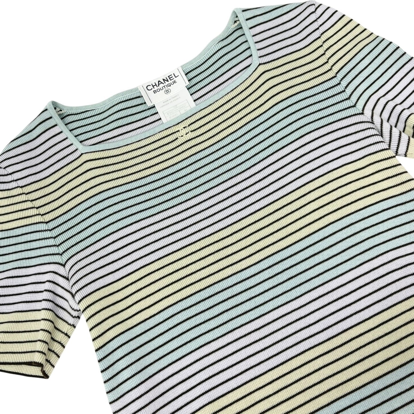 CHANEL Vintage 98P CC Logo Stripe Knit Shirt Top #40 Multicolor Cotton 902213