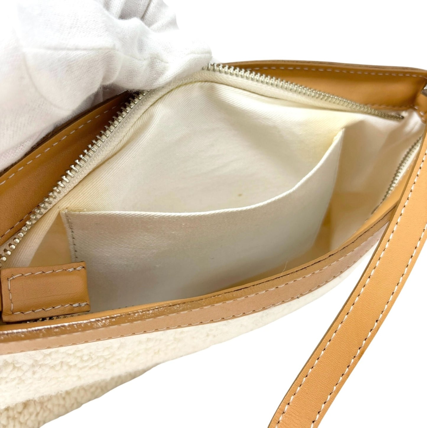 Courreges Vintage Logo Stitch Shoulder Bag Cream Brown Acrylic Leather Rank AB