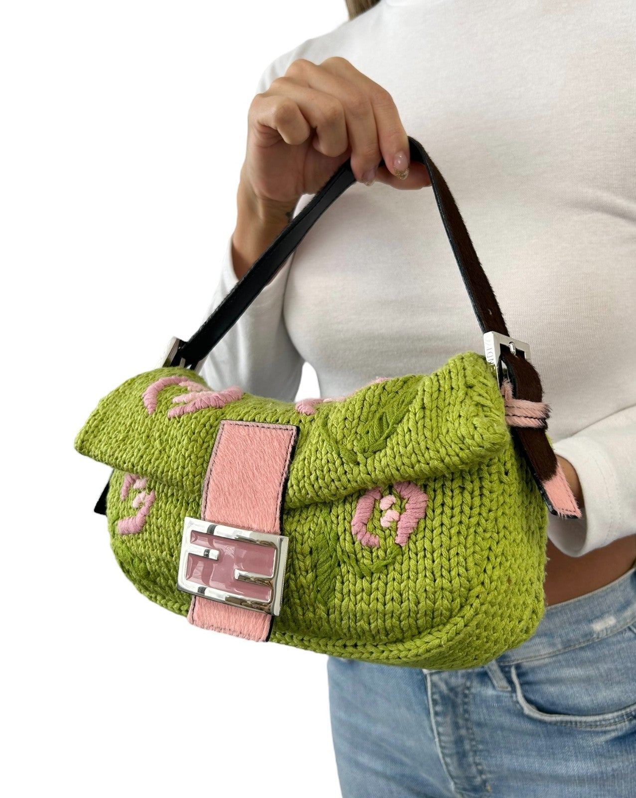 FENDI Vintage FF Mamma Baguette Crochet Shoulder Bag Flower Green Pink Wool