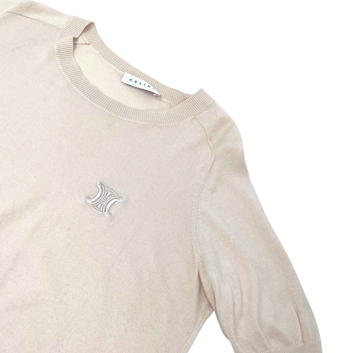 CELINE Vintage Macadam Logo Knit T-shirt Top Pink Beige Cotton 106955