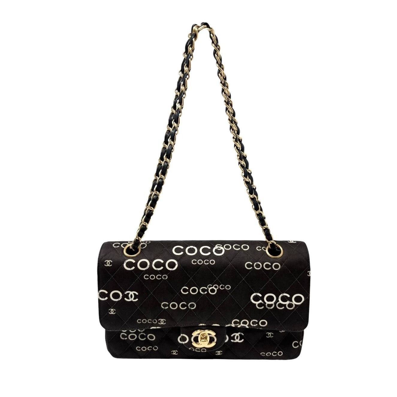 CHANEL Vintage CC Logo Print Turnlock Quilted Chain Shoulder Bag Black 901823