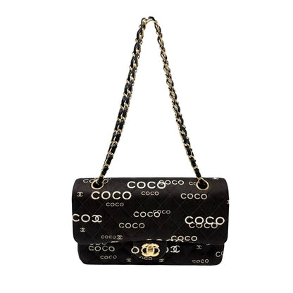 CHANEL Vintage CC Logo Print Turnlock Quilted Chain Shoulder Bag Black 901823