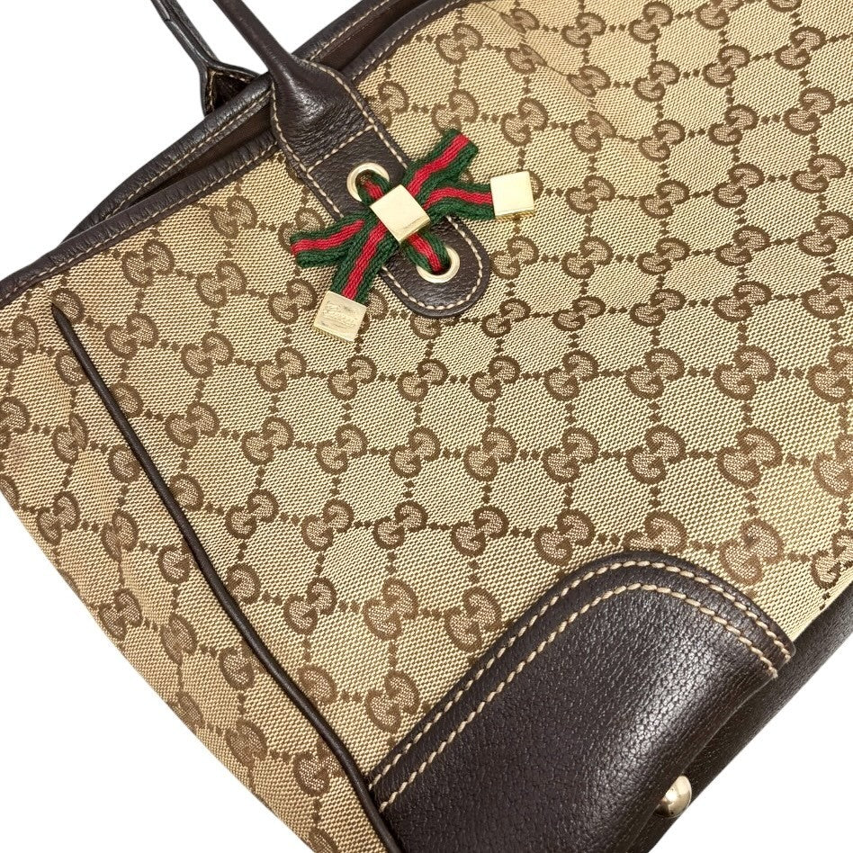 GUCCI Vintage GG Monogram Web Stripe Ribbon Tote Shoulder Bag Brown 902465
