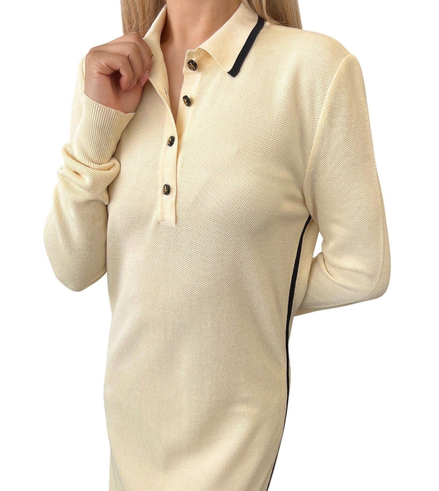 CHANEL Vintage CC Logo Polo Bicolor Dress One-piece Cream Black Cotton Button