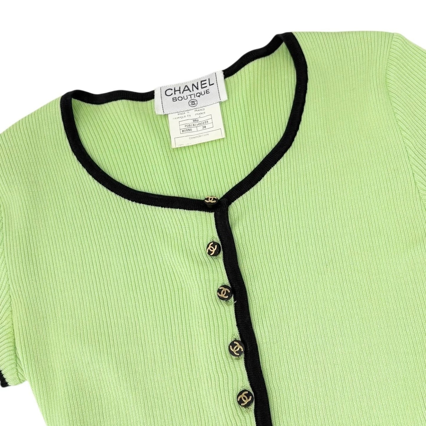 CHANEL Vintage 95P CC Logo Button Knit Cropped Ribbed T-shirt #38 Green Cotton
