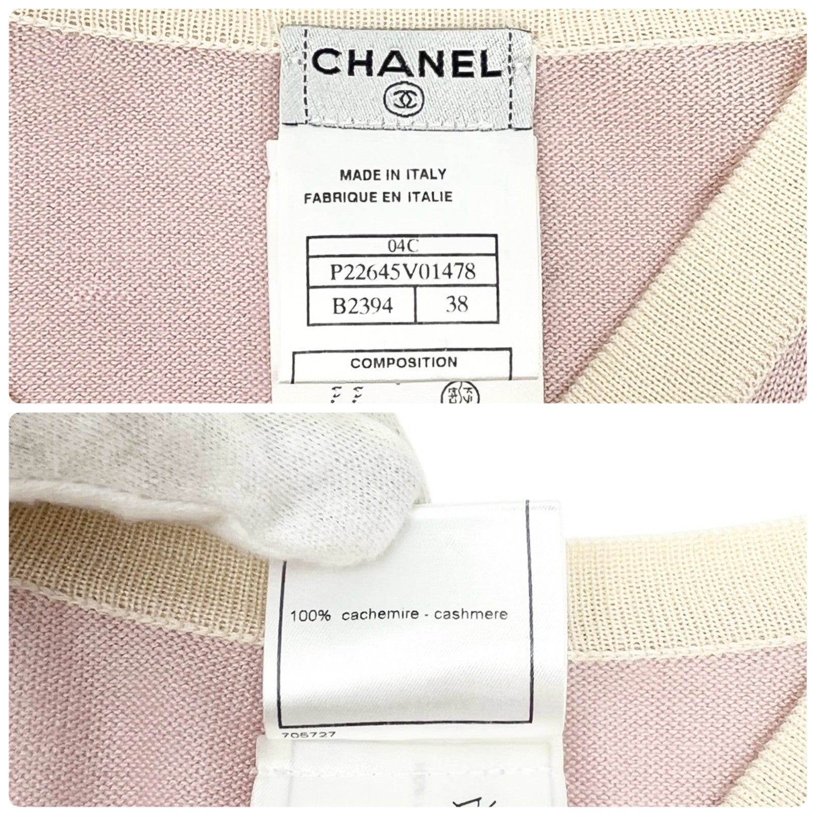 CHANEL Vintage 04C CC Logo Knit Sweater Top #38 Pocket Pink Cream Cashmere