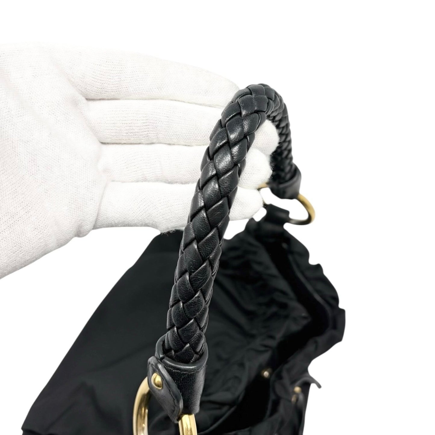 PRADA Vintage Logo Tessuto Nylon Shoulder Bag Black Gold Ribbon Leather